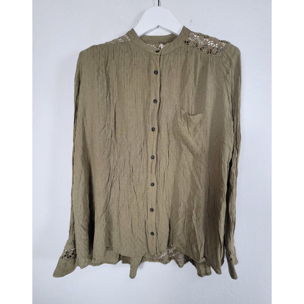 Free People The Best Crochet Button Down Shirt Womens Medium Olive Green Casual
